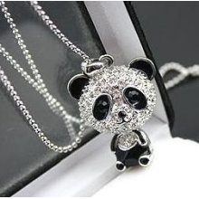 Flash Diamond Big Head Panda Pendant Long Necklace-One-size Silver