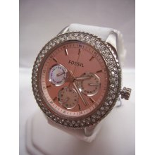 FOSSIL Womens White Pink Silver Silicone Crystal Glitz Subdial Watch ES2989 $105