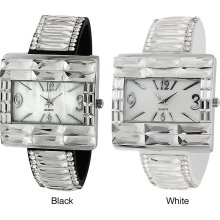 Geneva Platinum Women's Rhinestone-accented Faux Leather Snap Watch (Black)