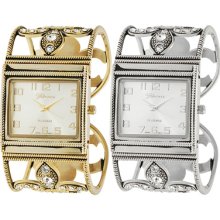 Geneva Womens Rhinestone-Accented Fleur de Lis Cuff Watch Silver