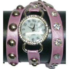 Geneva Wrap Around Watch - Metallic Design Light Pink