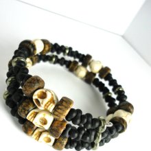 Gentleman's Skull Twister -Wrap Bracelet- White Turquoise Skulls, Black Czech glass, Golden Pyrite, Day of the Dead