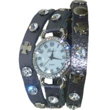 Genuine Leather Pewter Wrap Around Watch w/ Silver Cross Studs - Leather - Silver