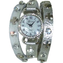 Genuine Leather Silver Wrap Around Watch w/ Silver Cross Studs - Silver - Silver