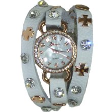 Genuine Leather White Wrap Around Watch w/ Rose Gold Cross Studs - Leather - Gold