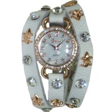 Genuine Leather White Wrap Around Watch w/ Rose Gold Fleur De Lis Studs - Leather - Gold