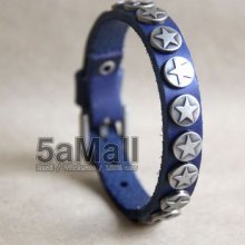 Genuine Men Leather Bracelet Round Star Rivet Cuff Bangle Wristband Aa1069