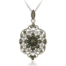 Glitzy Rocks Sterling Silver Marcasite Filigree Medallion Necklace