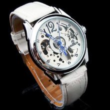 Goer White Steel Case Womens Leather Automatic Mechanical Lady Wrist Watch Xmas