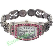 Good Bangle Quartz Watch w/ Crystal Beads Rectangle Shape Sooty & Pink