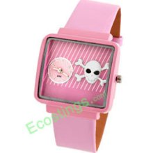 Good Jewelry Girls Skull Design Leather Wrist Watch Pink