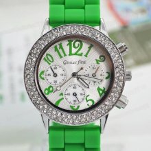 Green Digital Rhinestones Stainless Steel Case Men Women Wrist Wacth