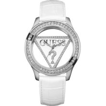 Guess Swarovski Ss ? Triangle Logo White Leather Strap Lady Watch W10216l1