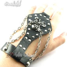 H202 Skull, Chain, Stud Emo Punk Black Leather Men/women Slave Wristband Cuff