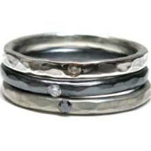 Hammered Silver Diamond Stacking Rings. Champagne, White & Black Diamonds.