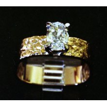 Hand Made 18k gold with Fused 24k gold squares and platinum basket holding a fine oval cut diamond engagement ring