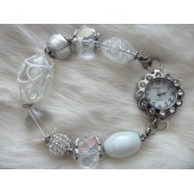 Handmade Interchangable Beaded Bracelet-Watch (clear/white & 'silver')