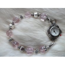 Handmade Interchangable Beaded Bracelet-Watch (light pink & 'silver')