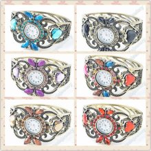 Heart Crystal Rhinestone Colors Resin Bangle Bracelet Watch Jewelry 7 Style