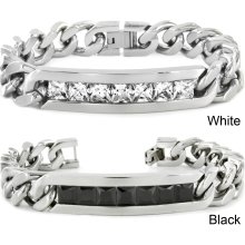 High-polish Stainless Steel Channel-set Cubic Zirconia ID Bracelet (White)