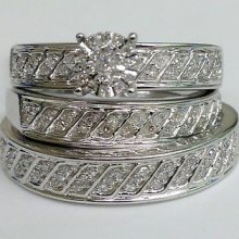 His Her Mens Woman Diamonds Wedding Ring Bands Trio Bridal Set 10k White Gold