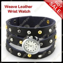 Hot 2012 Fashion Weave Leather Bracelet Lady Wrist Watch Sjw-0877-black