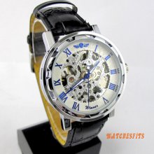 Hot Classic Blue Roman Numerals Hollow Automatic Skeleton Mechanical Wrist Watch