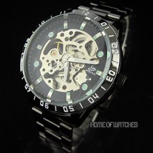 Hot Men Hollow Transparent Dial Stainless Steel Band Automatic Mechanical Watch