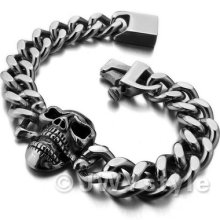 Huge 316l Stainless Steel Bangle Bracelet Chain Men Silver Skull Us39b0218