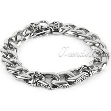 Huge Mens 316l Stainless Steel Silver Tone Fleur De Lis Shield Curb Bracelet