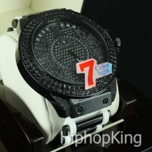 Iced Out Bling Silicone Band Huge Case Men's Watch Black & White Analog Dial