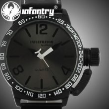 Infiltrator Casual Army All Black Analog Quartz Leather Strap Mens Wrist Watch