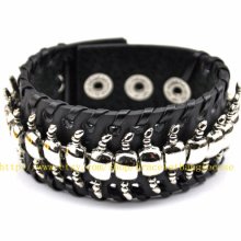 Jewelry bangle leather bracelet men bracelet punk rock bracelet made of black leather and metal centipede wrist bracelet sh-0063