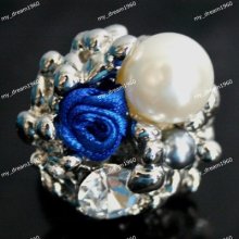 Jewelry Lady's Crystal 12mm Shell Pearl Blue Rose Ornament Adjustable Ring