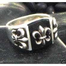 Jjbz Chunky Black Resin & Sterling Silver 925 Fleur De Lis Ring Sz 8