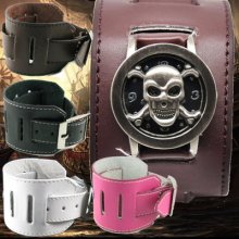 K2012 Steel Skull Cover Men/women Punk/rock Leather Watch 4 Colors Selection