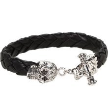 King Baby Studio Leather Bracelet with Small Day of the Dead Skull Clasp Bracelet : One Size