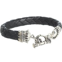 King Baby Studio Small Black Leather Braided Bracelet with Crown Toggle Clasp Bracelet : One Size