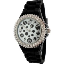 Ladies Black Silicon Watch w/ Black Polka Dot Print & Crystals Silver Bezel - Silver - Silver - 3