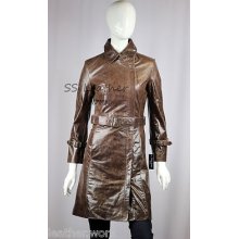 Ladies Female Girl Brown With Belt And Zip Style Real Leather Long Coat Jacket