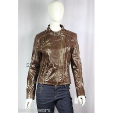 Ladies Female Girl Glazed Brown Biker Zipped Style Real Leather Jacket Coat