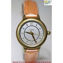 Ladies Fossil Brass-tone Watch W/ White Face, Goldtone Markers For Under $25