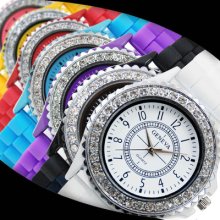 Ladies/girls Geneva Crystal Silicone Gel Jelly Watch 6 Colours Uk Seller