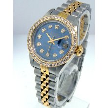 Ladies Rolex 18k Yellow Gold Steel Datejust Blue Diamond Dial Diamond Bezel