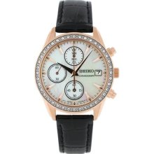 Ladies Seiko Chronograph Mother Of Pearl Dial Black Strap Date Watch