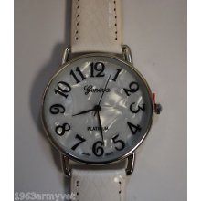 Ladies White Geneva Platinum Large Number Watch