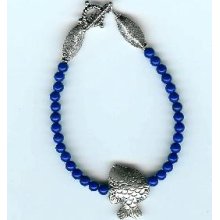 Lapis Mountain Jade and Sterling Silver Bracelet with Hill Tribes Fine Silver Fish