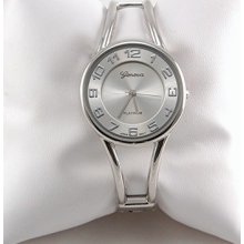 Large Silver Round Face Band Cuff Watch- Geneva