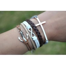 Leather Bracelet, Anchor Bracelet,Infinity Bracelet,Cross Bracelet,White, Brown,Gray leather bracelet -S260