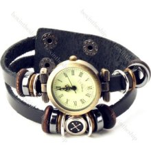 Leather Metal Elements Botton Strap Fashion Retro Style Quartz Women's Watch